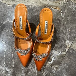 Manolo Blahnik Orange Satin Heels with Silver Embellishments